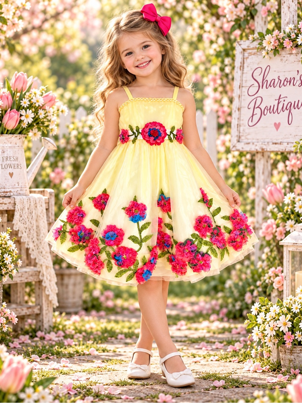 Molly’s Girls Size 4 Yellow Floral Applique Party Dress + Hair Bow